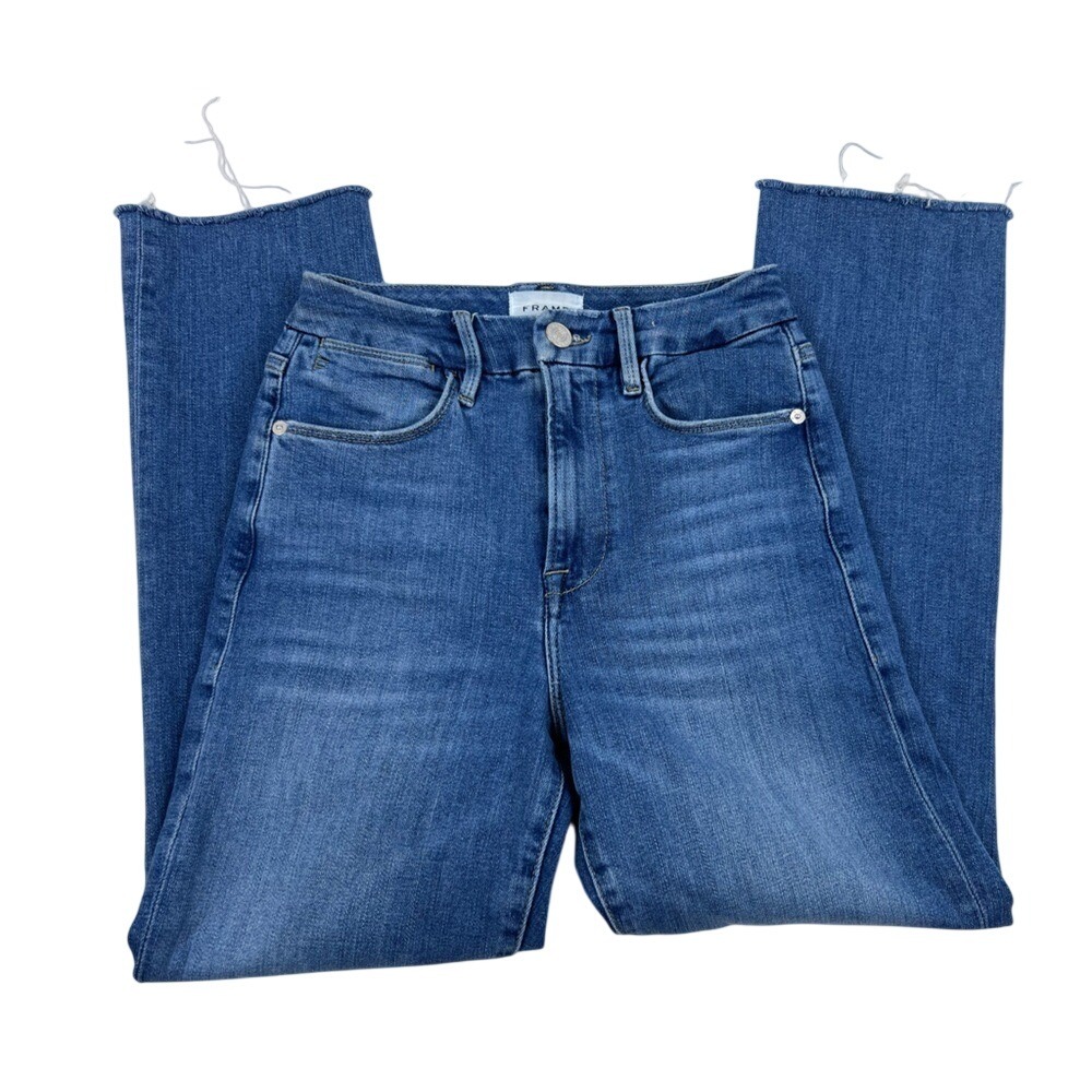 Frame Le Super High Straight Jeans Womens 26 Medium‎ Blue Raw Hem Denim
